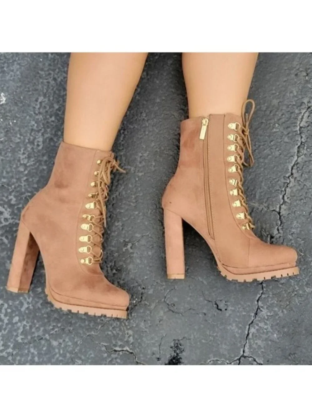Taupe Lace up Platform Lug Sole Heeled Boots - Picture 5 of 6